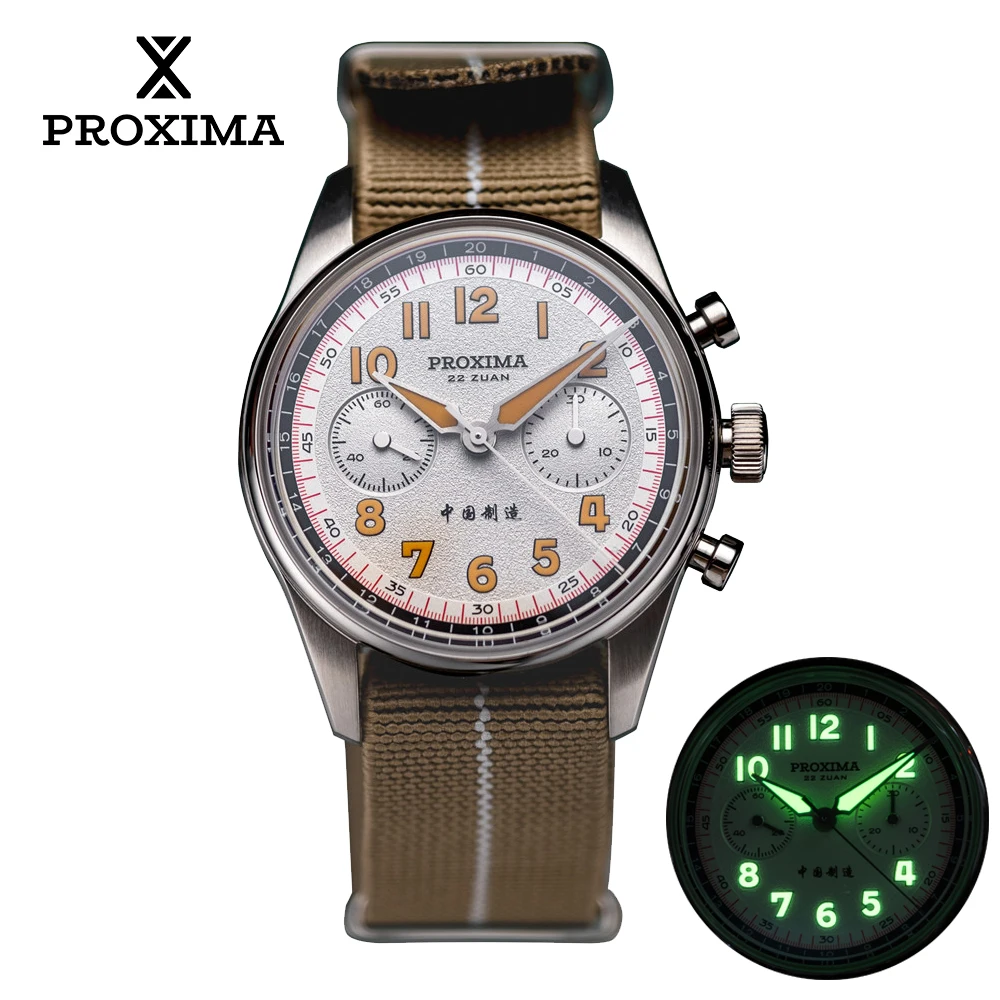 Proxima PX1718 39mm Chronograph Men\'s Mechanical Pilot Wristwatch ST1902 Movement Sapphire Glass Nylon Strap Clock