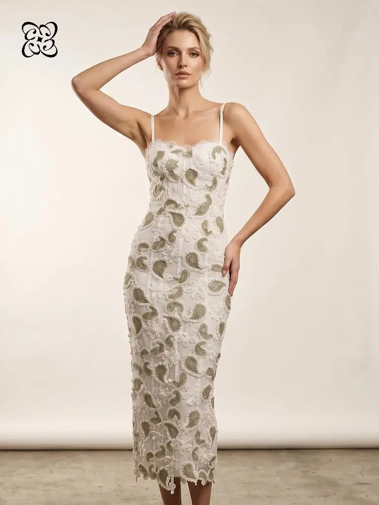 

White Spaghetti Strap Midi Dress with 3D Green Floral Applique Sheer Mesh Bodycon Wedding Guest Cocktail Dress Female clothing