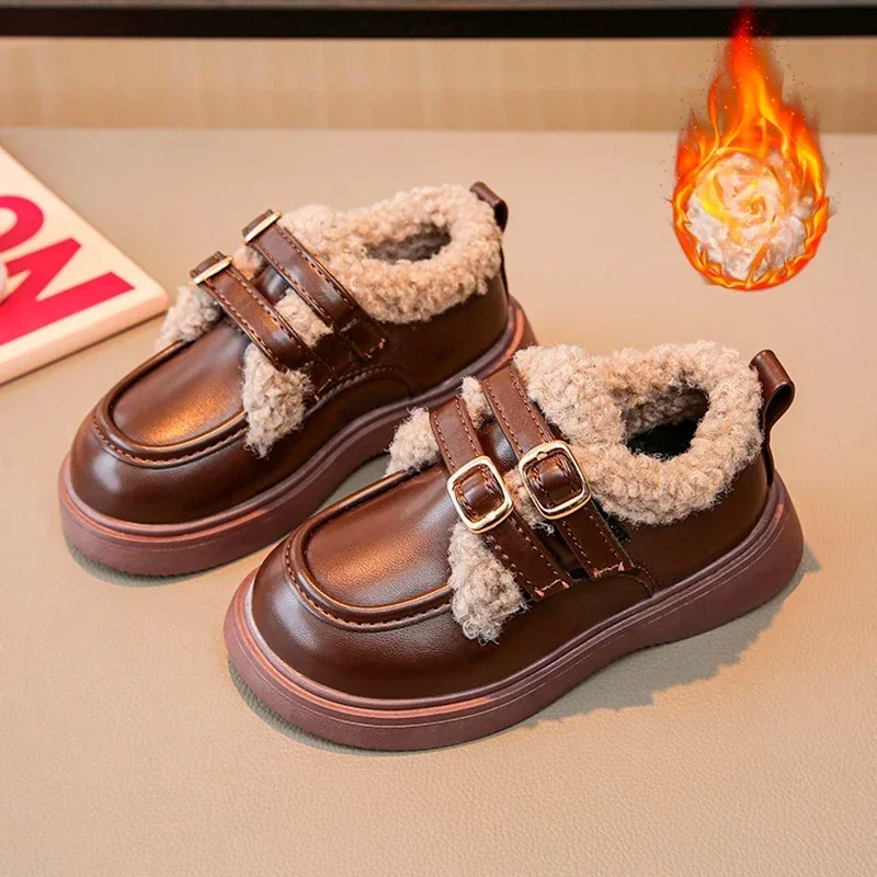 

Girls Leather Shoes Warm for Winter Kids Princess Shoes with Double Hook&Loop 2024 New Fashion Children Flat Shoes Round Toe