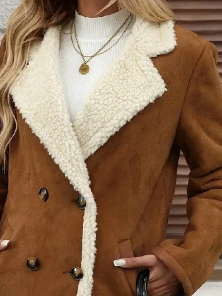 Podzimní zimní dámská novinka v jednobarevném kabátu, oblečení, fleecový semiš, středně dlouhý vlněný ležérní vroubkovaný klopový teplý kabát - náhled 6