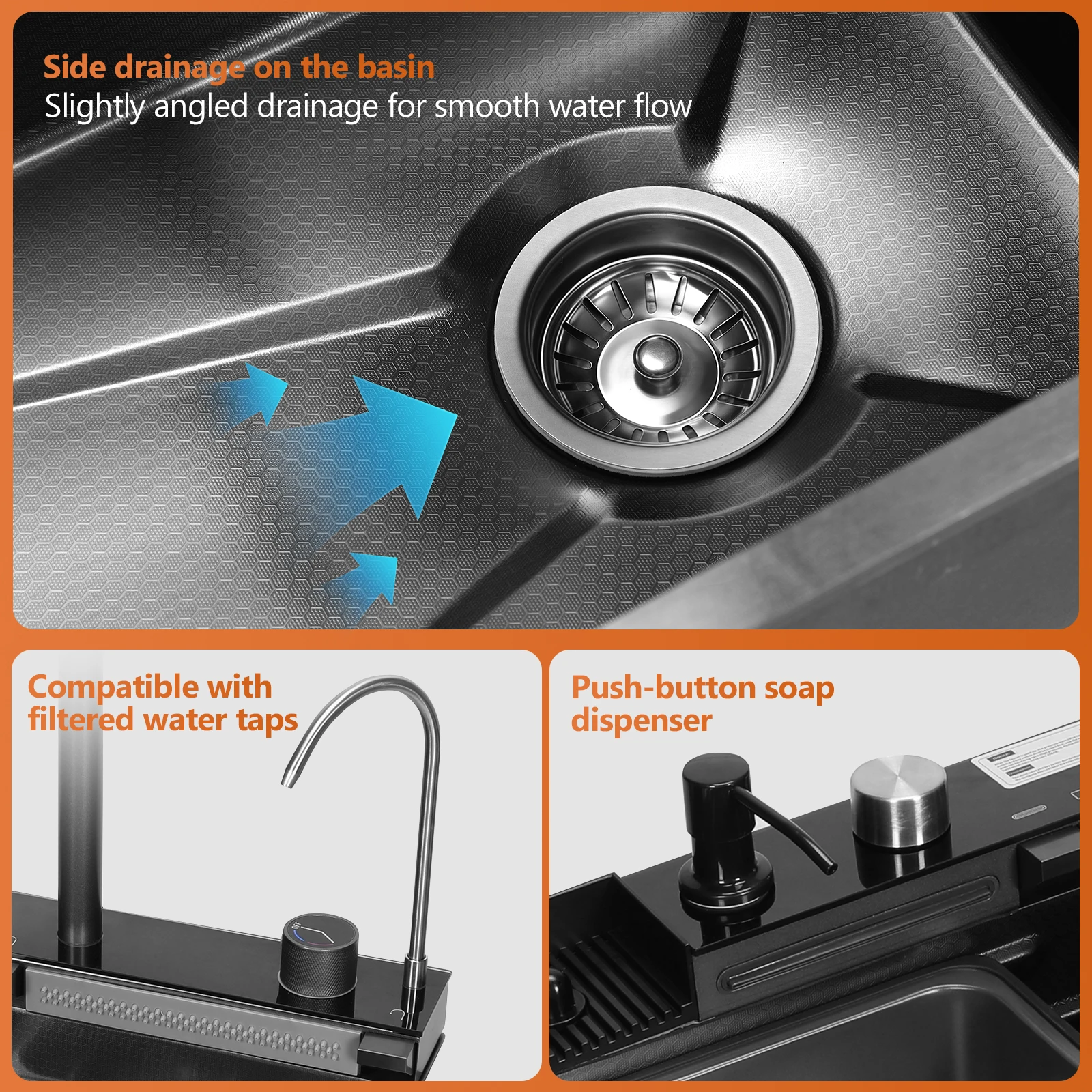 

Honeycomb Workstation Sink Digital Display 304 Stainless Steel Workstation Bowl with Pull-Out Swivel Faucet 5 Water Outlet Modes