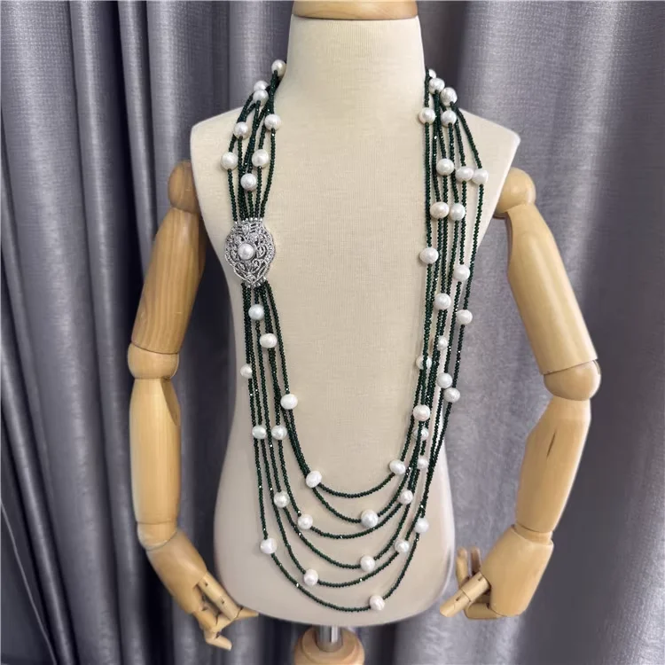 

6 Rows Natural Faceted Round Green Jade White Keshi Pearl Long Necklace 38" For Women
