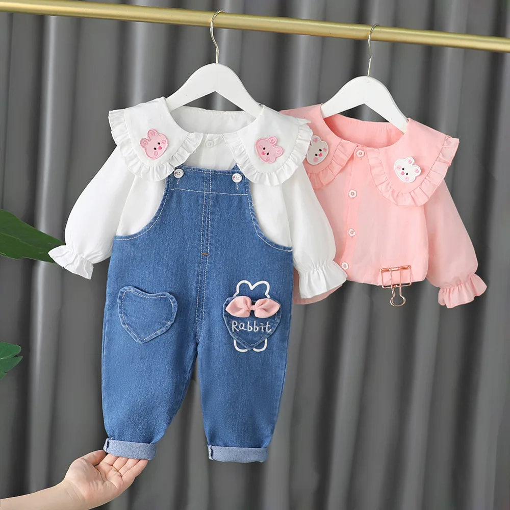 2024 kids Clothing Set cute girls 0-4year Long Sleeve Shirt+Denim overalls Outfit For Newborn Baby Girl clothes set