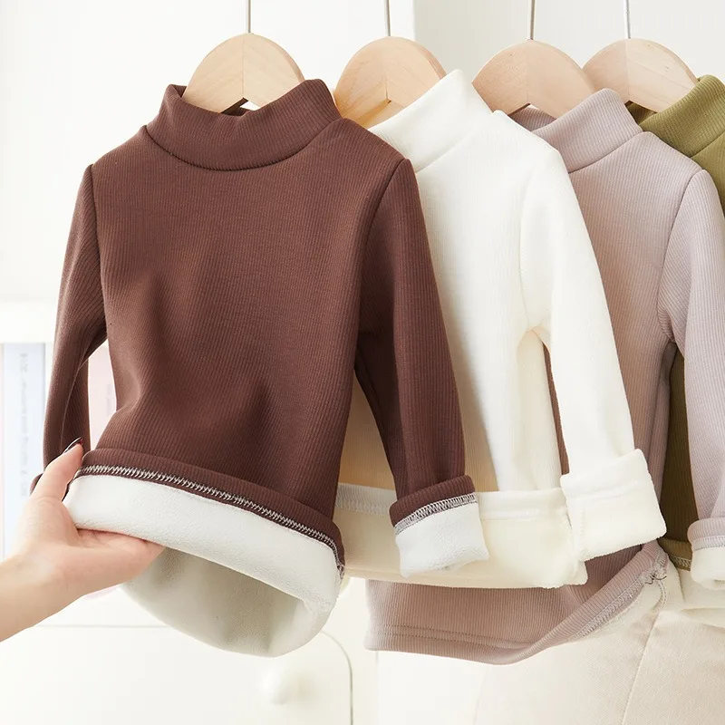 Children's Semi High Neck Plus Velvet Long Sleeved Solid Color Bottom Pants Shirt Suitable For Boys And Girls