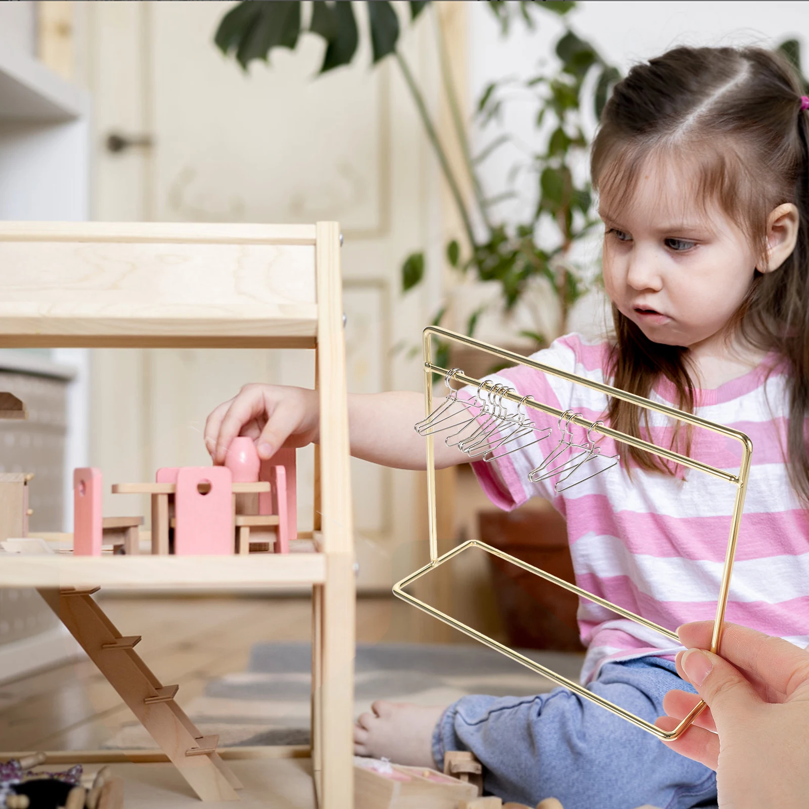 

1 set Mini Hanger Dollhouse Miniature Accessories Clothes Rack Iron Display Stand for Dollhouse Garment Storage Organizer
