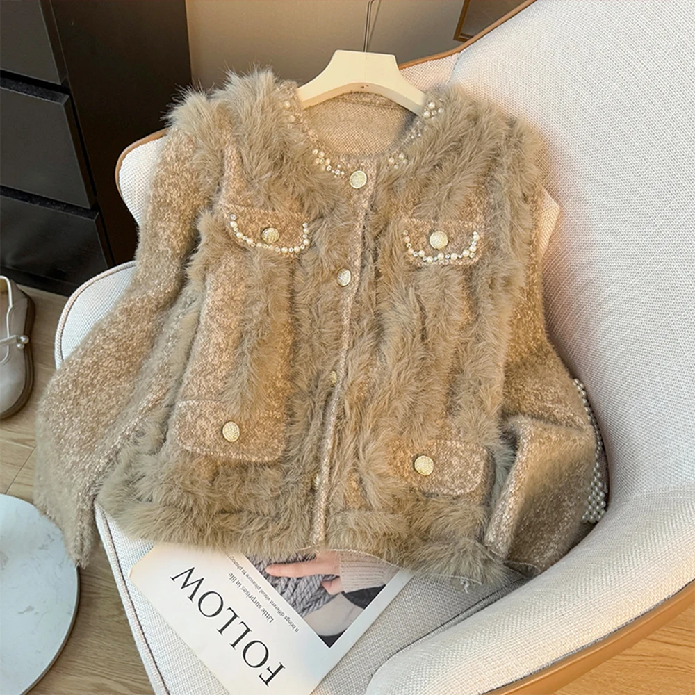 

Khaki Color Fluffy Loose Fit Outerwear Pearl Decoration Knit Top Minimalist Sweet Style Sweater Womens Clothing Tops