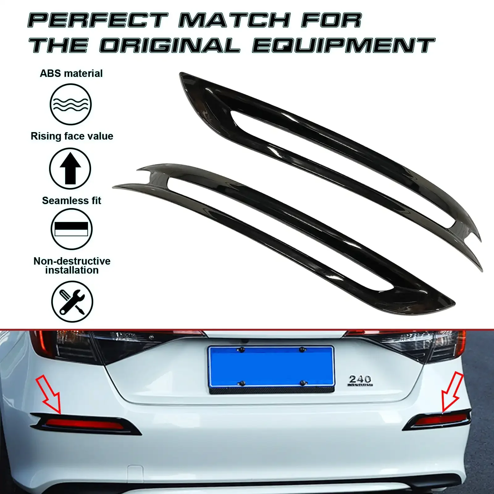 2pcs Glossy Black Rear Bumper Reflector Fog Light Lamp Bezel Overlay Cover Molding Trim For Honda Civic 11th Gen 2022 2023+