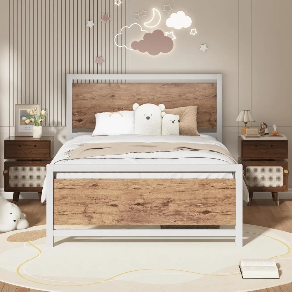 

Bed Frames with Headboard, Industrial Style Bed Frame, Bed Frames with Wooden Footboard, Heavy Duty, No Box Spring Needed