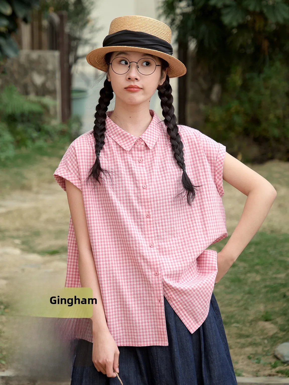 

Original Retro Casual Plaid Shirt Women Summer Loose Slim Cover Shoulder Sleeve Shirt Elegant Top Cotton Short Sleeve Button