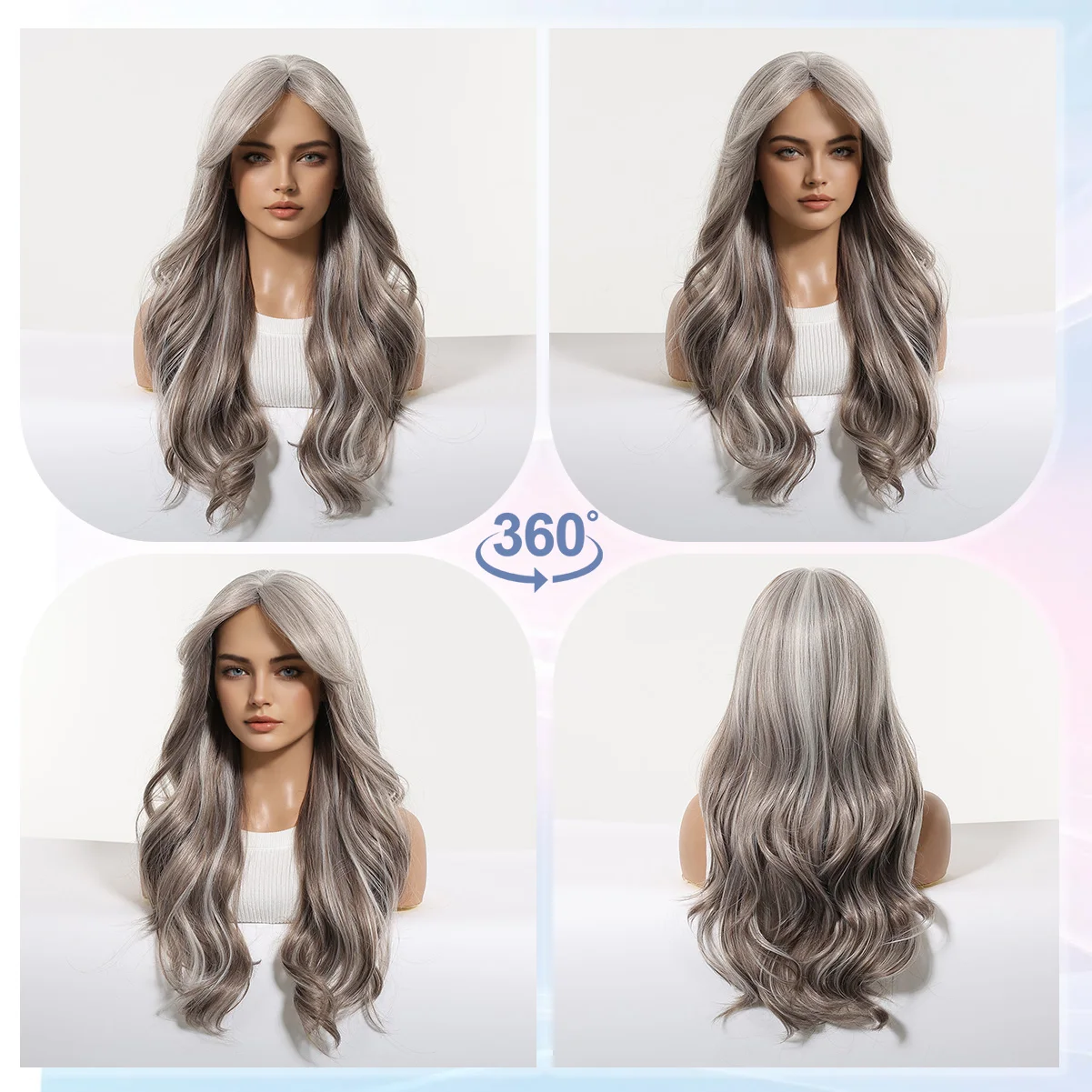 LOUIS FERRE Silver Gray Ombre Wavy Wig for Women Long Curly Synthetic Hair Wig Natural Heat Resistant Fiber Cosplay Party Wig image 2