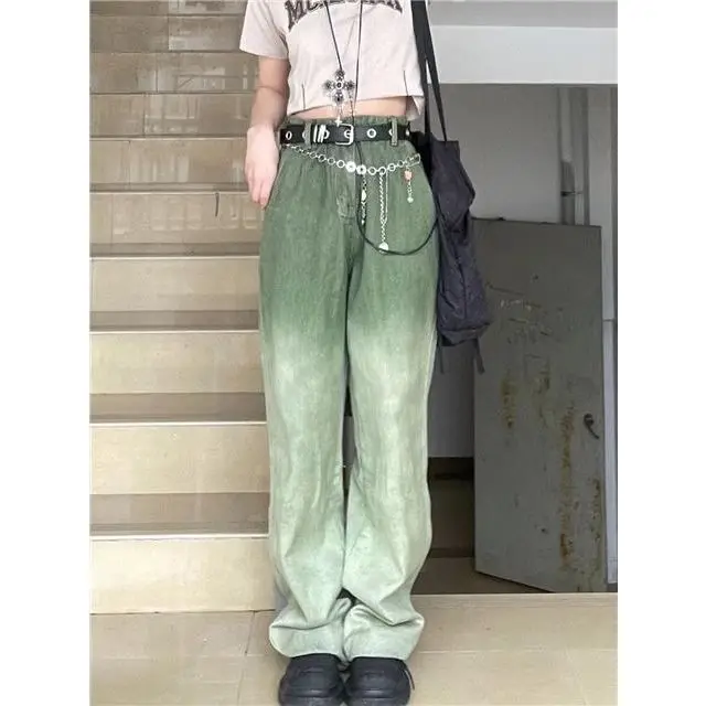 American Retro Washing Gradient Green Jeans For Women With High Street Design Loose Slim Straight Wide-Leg Pants Ins