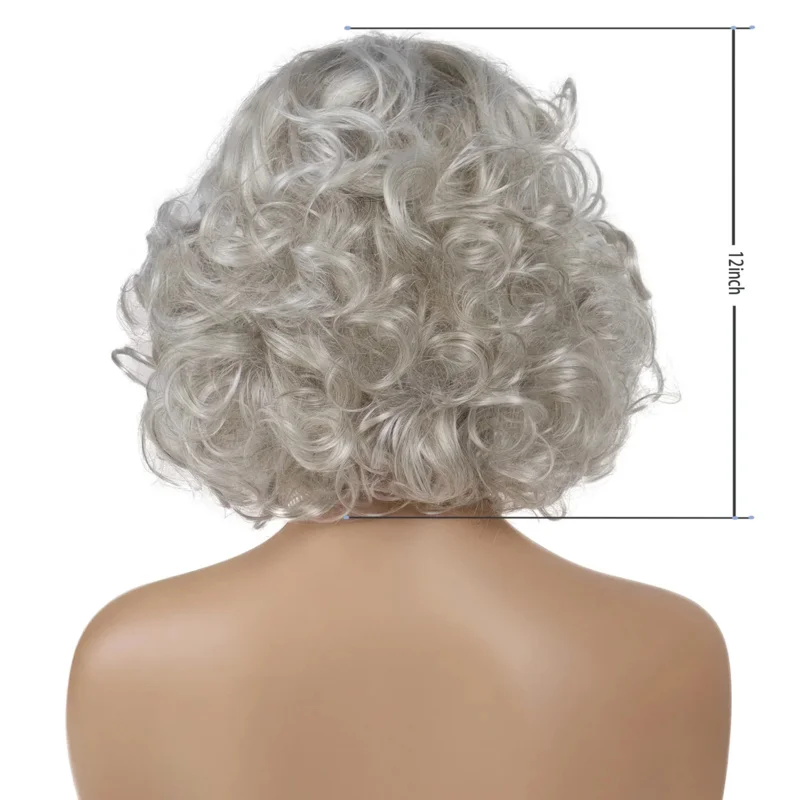 GNIMEGIL Synthetic Short Curly Hair Grey White Elderly Wig for Women Mommy Wig with Bangs Cosplay Costume Party Grandma Gift Wig