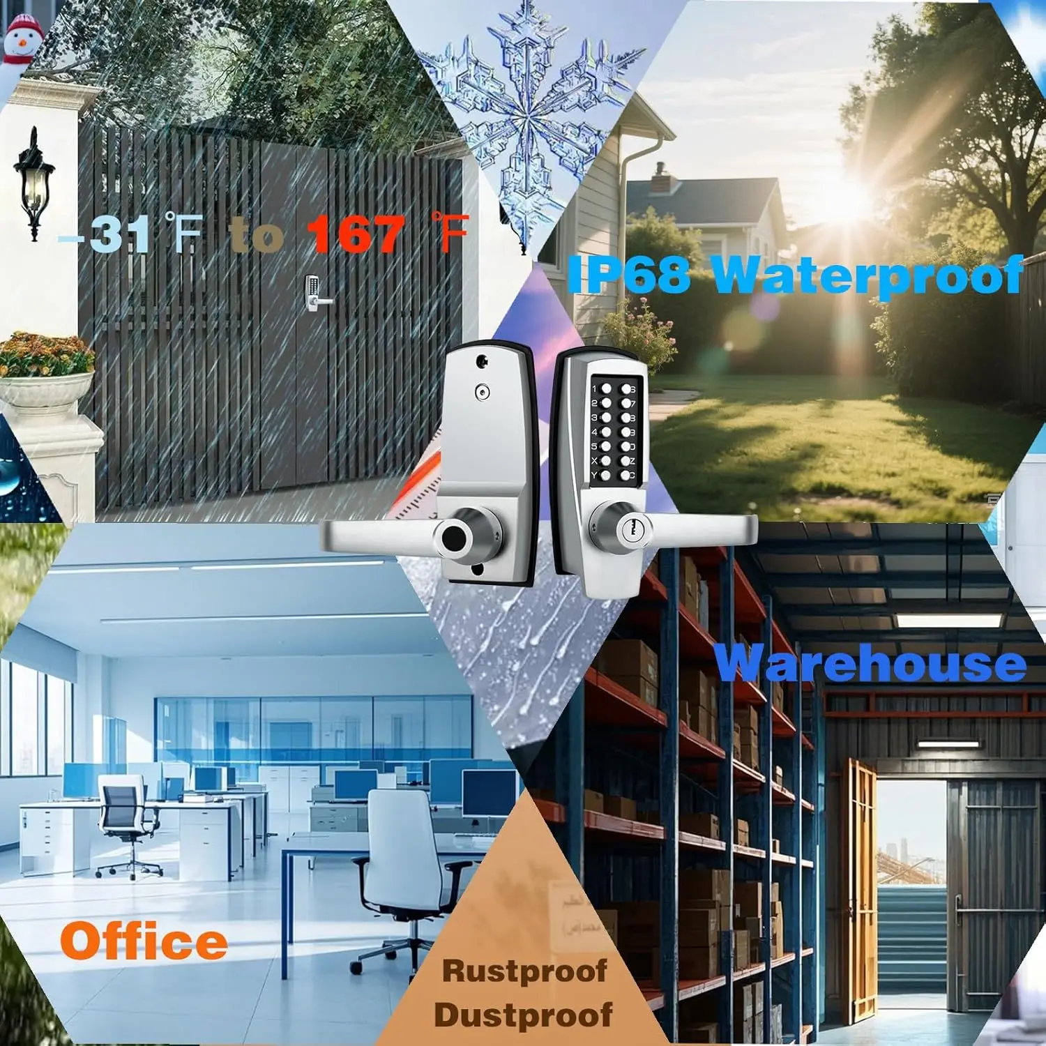 ZZZ-قفل باب الدخول الميكانيكي، 14 لوحة مفاتيح رقمية، مسمار ديدبولت مقاوم للطقس مع مقبض، قفل أمان خارجي عالي التحمل بدون