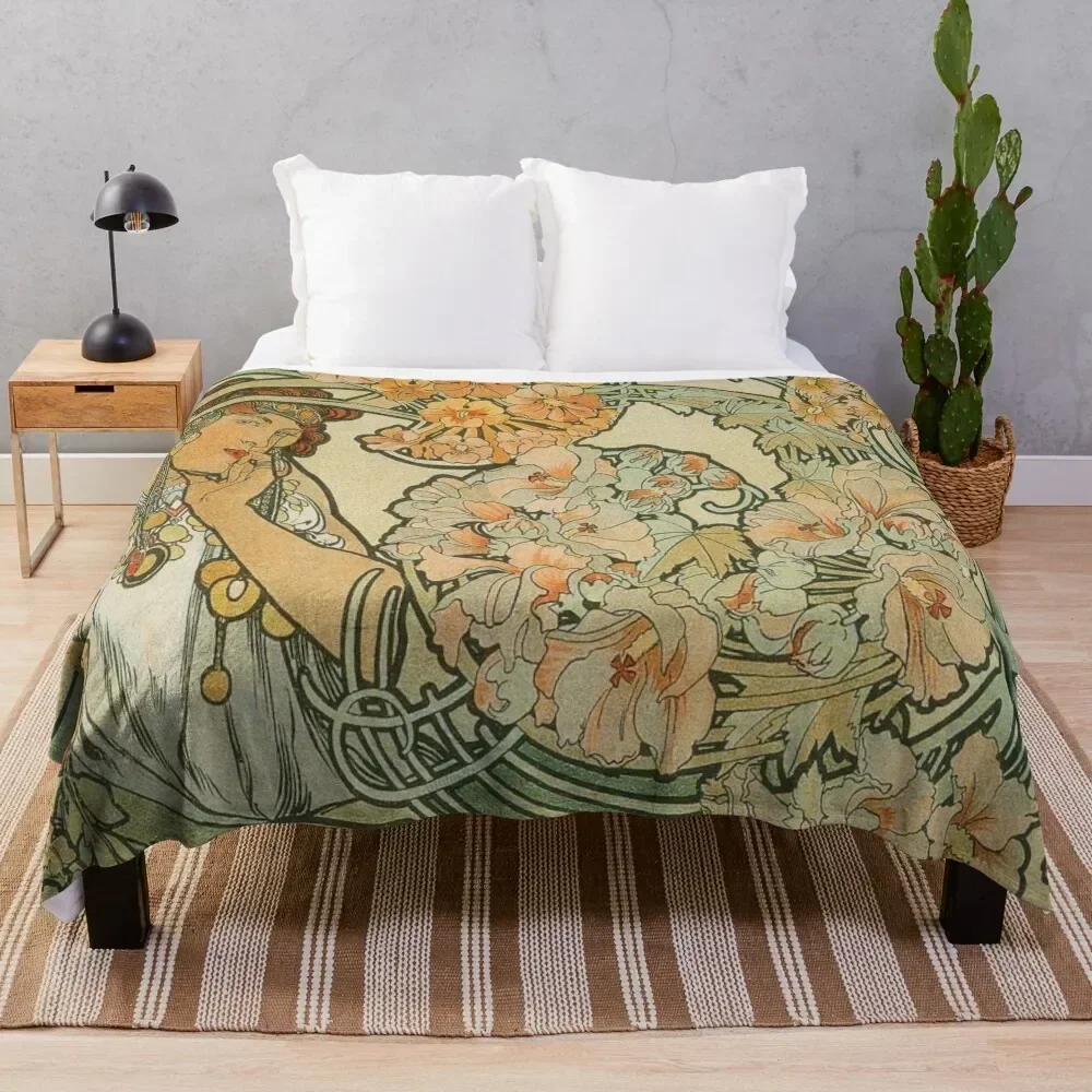 

Alphonse Mucha, Vintage Throw Blanket Durable Warm Blanket for Daily Home Use