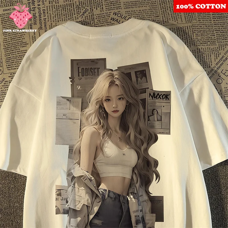 

Retro Beautiful Girl Print T-shirt Women Men Summer 2025 New 100% Cotton Short sleeve T-shirt Loose Casual Y2k Top mens clothing