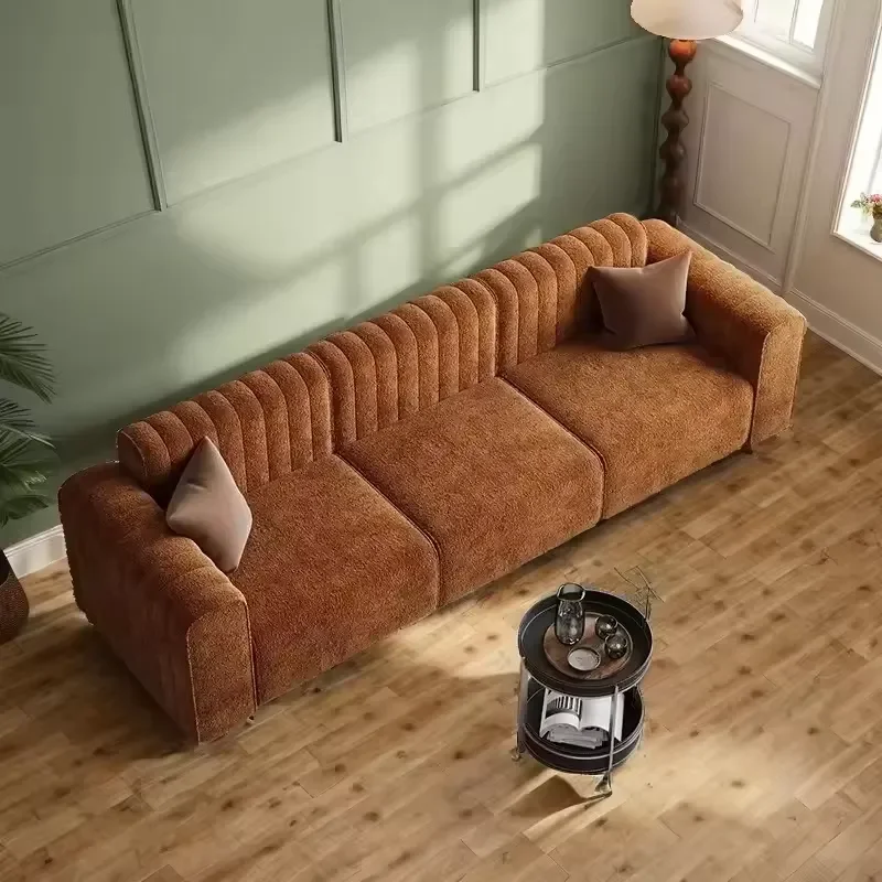 Modern Brown Terry Cloth Tufted Sofa 3 Seater Channel Velvet Couch Textured Groove Leisure Bench for Luxury Living Room Villa