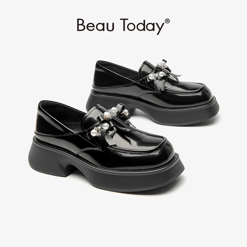 BeauToday Bow Tie Loafers Women Genuine Leather Square Toe Lolita Style Thick Sole Shoes Spring Female Slip-on Handmade 26585