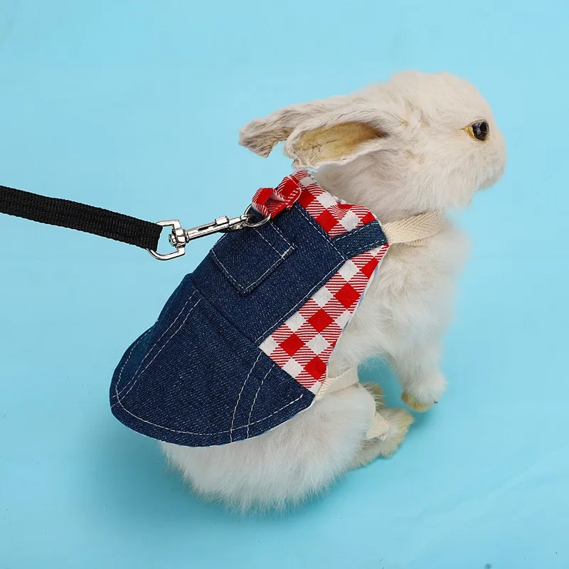 Rabbit Clothes Denim Jacket Coat Pet Small Animal Harness Leash Vest Bag Hat Set for Ferret Bunny Hamster Small Pet Supplies