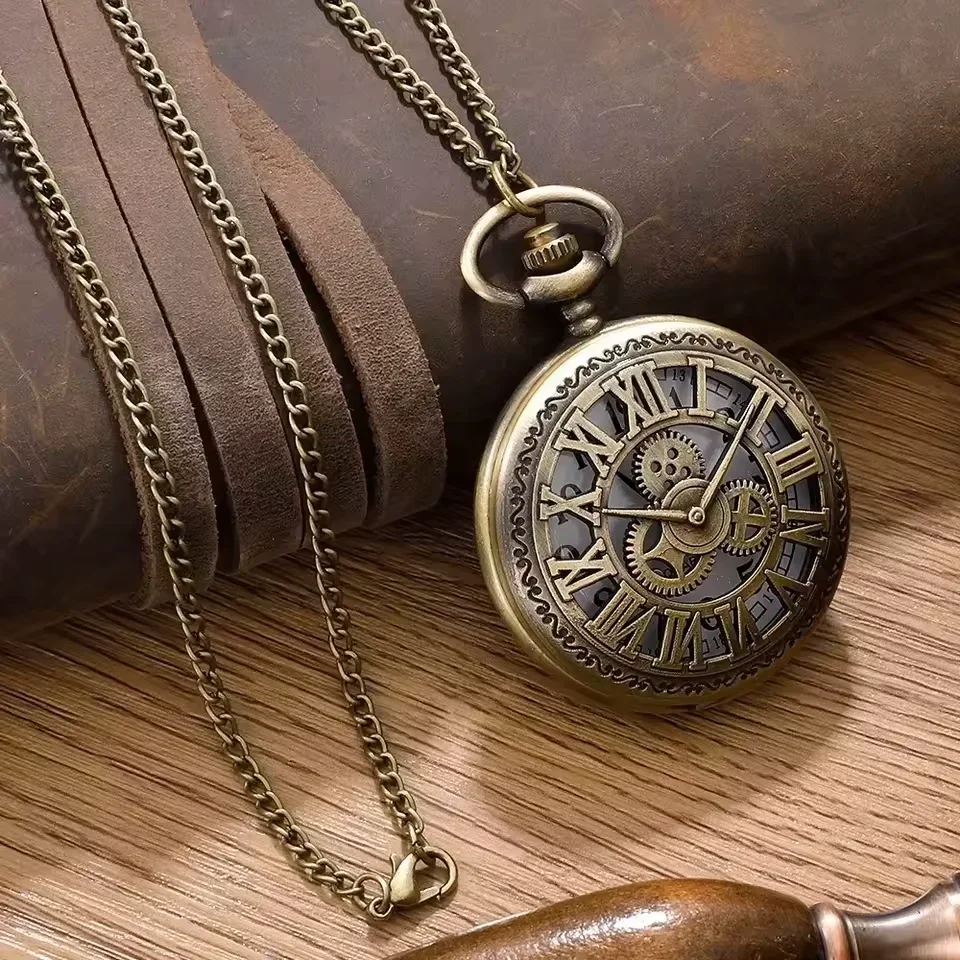 العتيقة Steampunk البرونزية الجوف والعتاد حركة كوارتز ساعة الجيب قلادة هدية مع سلسلة الأولاد الرجال