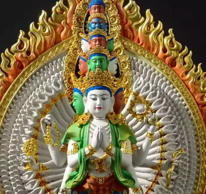 Copper Gilding Painting Thousands Hands Guanyin Bodhisattva Buddha Statue Sculpture, 33cm, 22cm