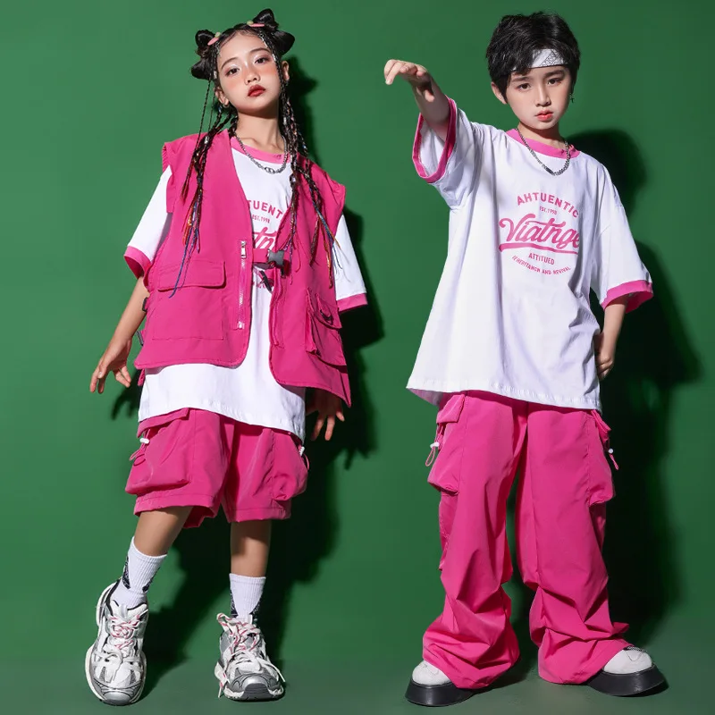 2023 Jazz Dance Clothes For Girls Short Sleeve T Shirt Pink Vest Cargo Pants Hip Hop Dance Costume Kids Stage Performance Wear