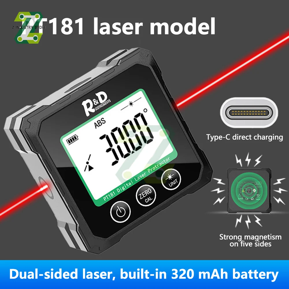 R & D PT180 PT181 Laserowy cyfrowy kątomierz kątomierz 3 w 1 Laser Level Box Type-C Ładujący miernik kątowy do domu