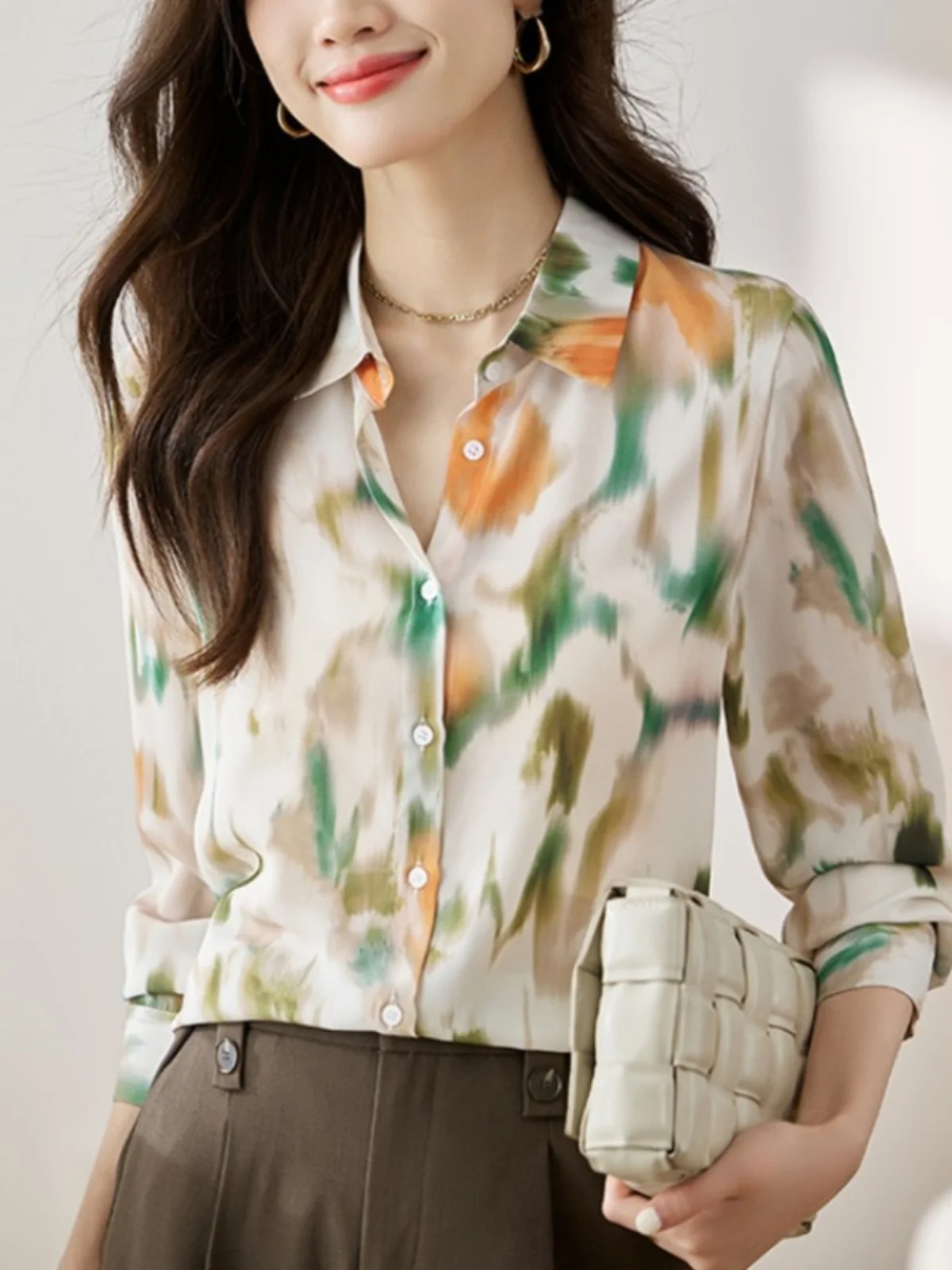 

Retro Watercolor Painting Women's irt Casual Long Sve Spring Autumn New Sle Commute Profional Godd Sle Top