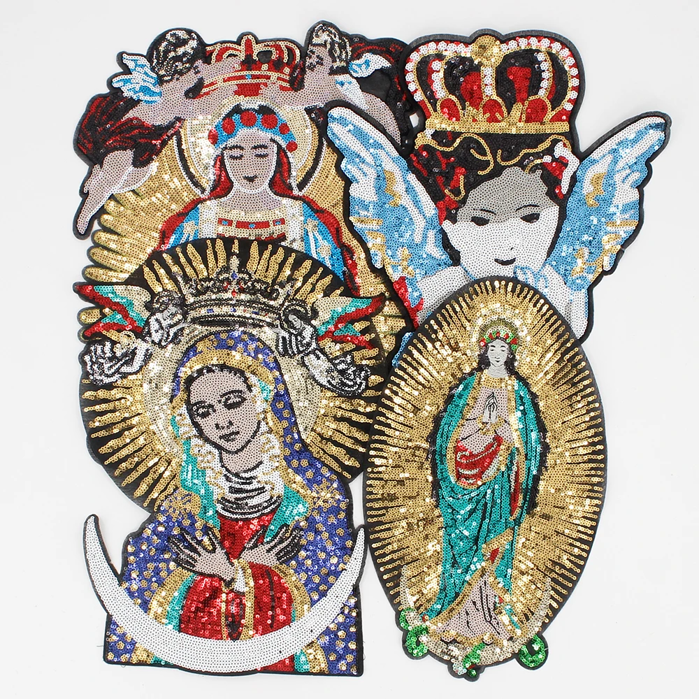 2pcs Sequined Patches Crown Angel Large Goddess Sew on TShirt Jacket Moon Mary Badge Applique Accessories