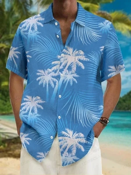 Summer Men Hawaiian Shirts Coconut Tree Lapel Camisas Men Fashion Short Sleeve Shirt Floral Blouse Turn Over Collar Clothes Male