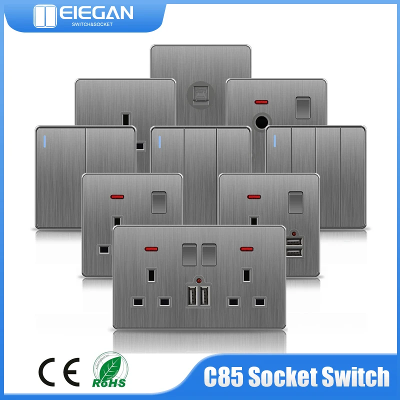 

PSSRISE C85 Series EU/UK/UN Wall Switch High Power Socket USB 250V Deluxe Grey Brushed PC Panel 45A Water Heater 16A Lamp On/Off