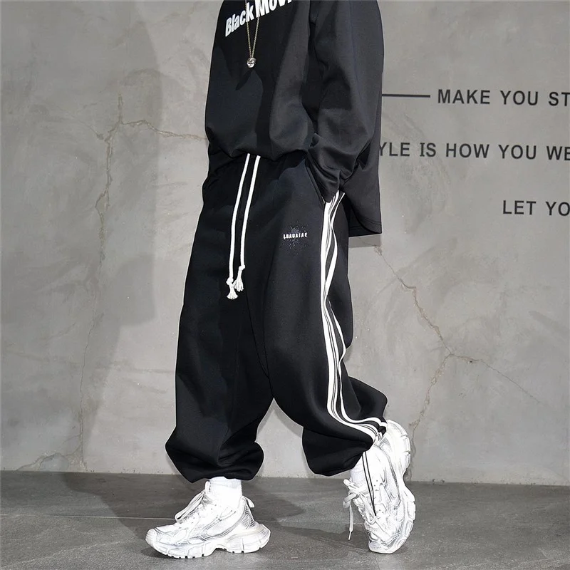

Bla Striped Loose Straight Knitted Sport Sweatpants Men Winter Fce Thiened Cuffed Wide Leg Long Trousers