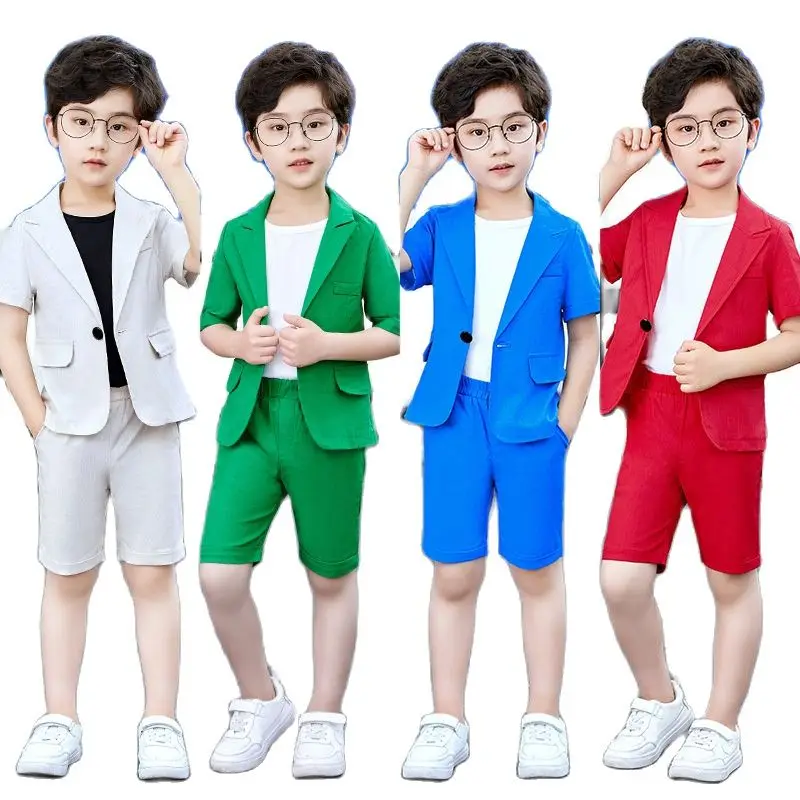 Boys Summer Royal Blue Suit Jacket Shorts 2PCS Formal Dress Kids Photography Blazer Children Graduation Tuxedo Toddler Costume