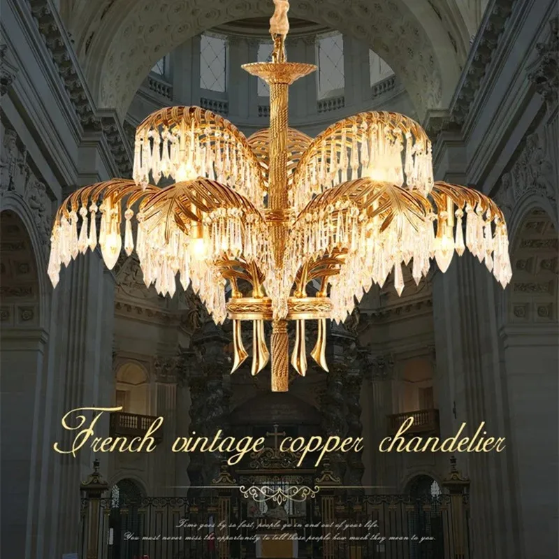 

Европейская классическая хрустальная латунная люстра для гостиной с пальмовым листом, вилла, отель, банкетный зал, домашний светильник, французский роскошный подвесной светильник