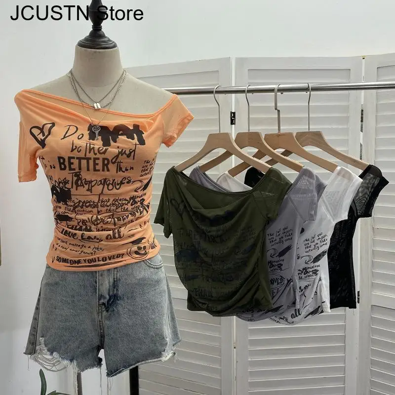 

Sexy Gothic Graphic T-Shirt Women Thin Mesh Clothes Y2K Crop Top Streetwear Off Shoulder Tees Punk Tees Summer New Clothing
