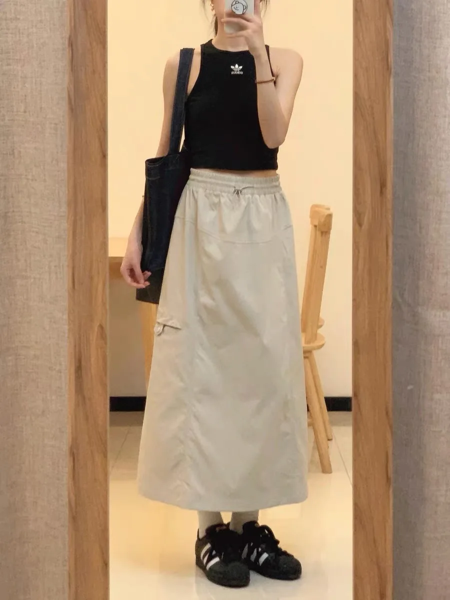 

American Retro ket Work Skirt Women Summer A-Line Casual Design Sense Midi f Skirt High Waist Straight Cut Pure Color
