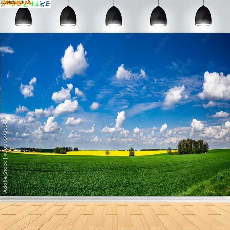 

Green Wheat Field Blue Sky Photography Backdrops Prop Pastoral Scenery Landscape Forest Blooming Rapeseed Photo Background BU-04