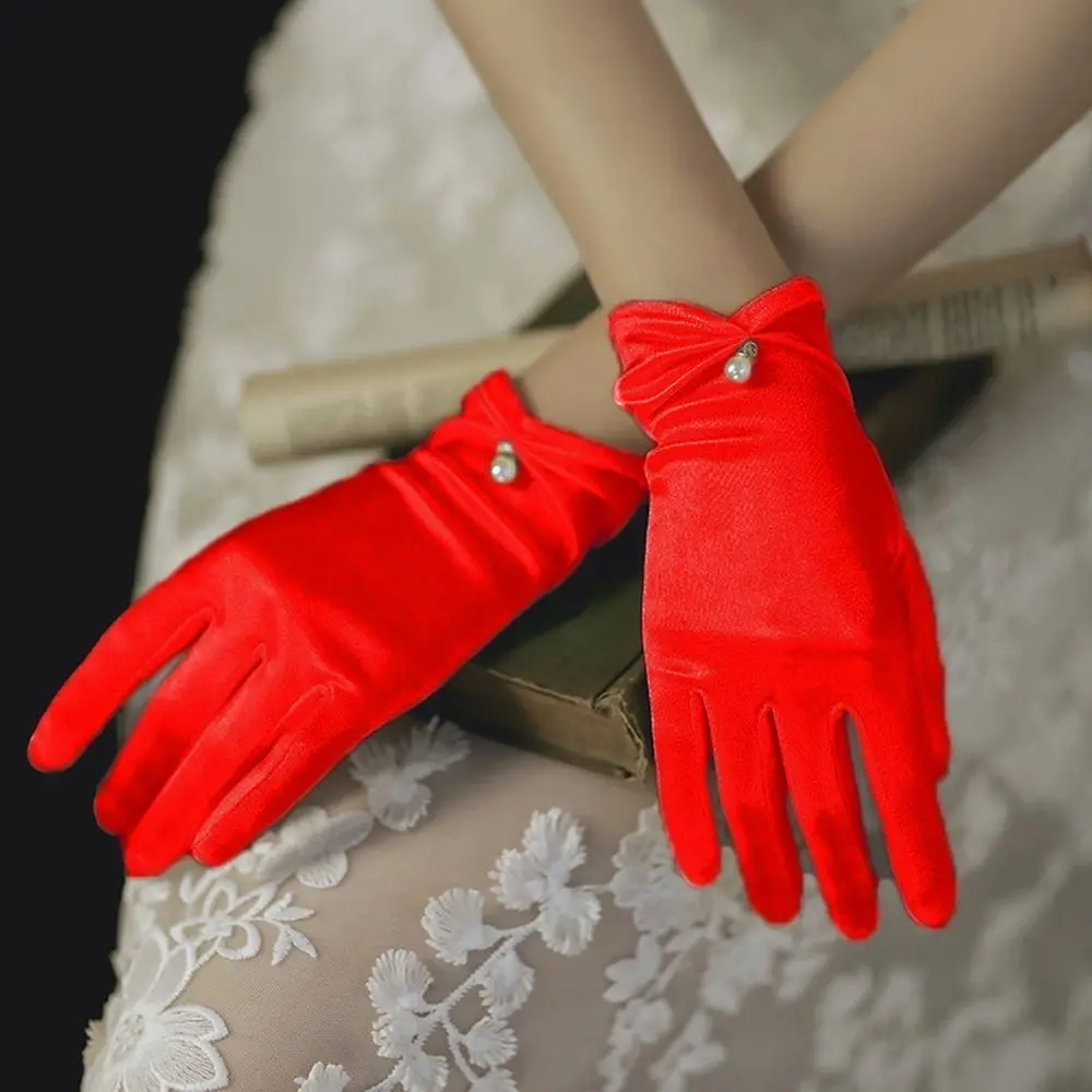 

Temperament Trendy Satin Bridal Performance Lolita JK Women Wedding Gloves Full Finger Gloves Korean Driving Mittens Pearl