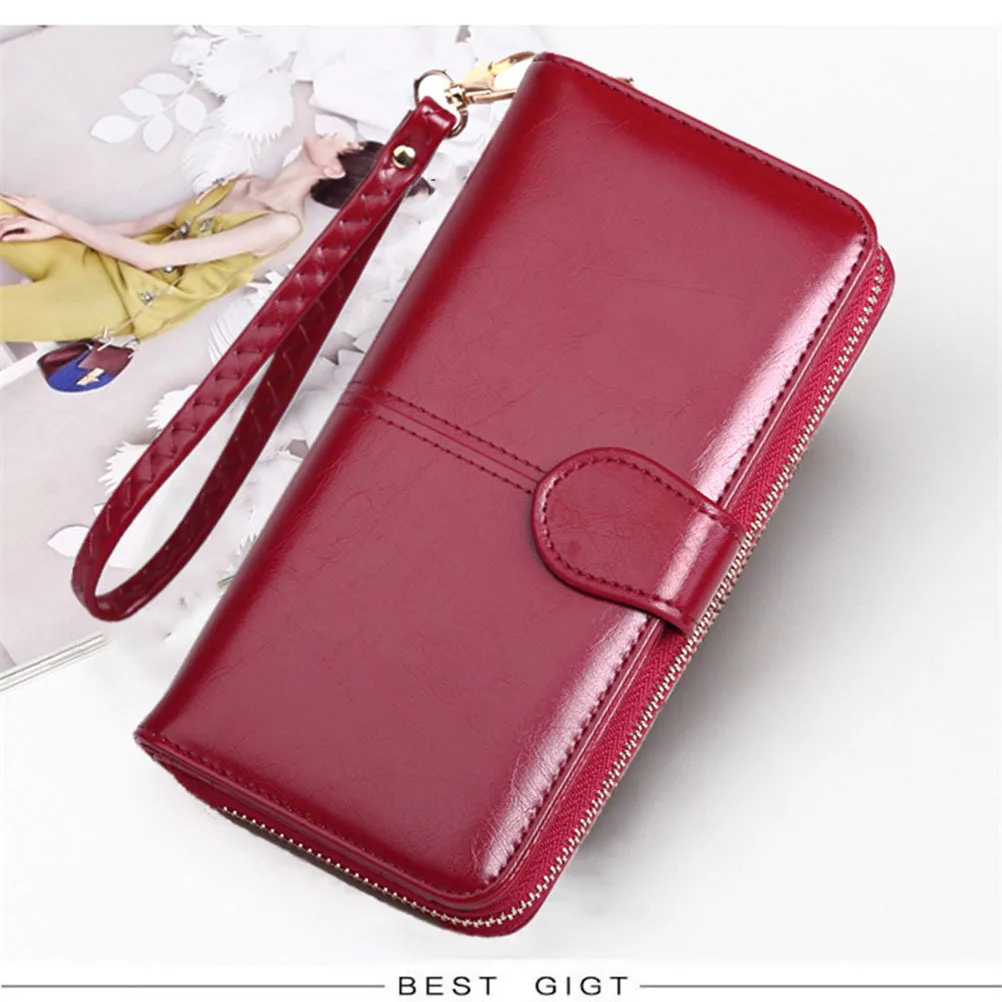 محفظة طويلة من البولي يوريثان، شمع زيت أحمر نبيذي، قفل سريع، محفظة بسحاب، محفظة محمولة للتسوق والعمل المدرسي، محفظة طويلة للنساء #6