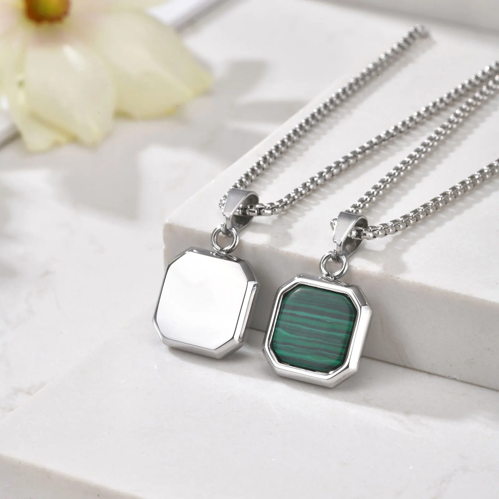 Watermelon Color Pendant Necklace for Men Boys,Green Square Round Stainless Steel Necklace,Stylish Jewelry Gifts to Husband Dad - Image 4