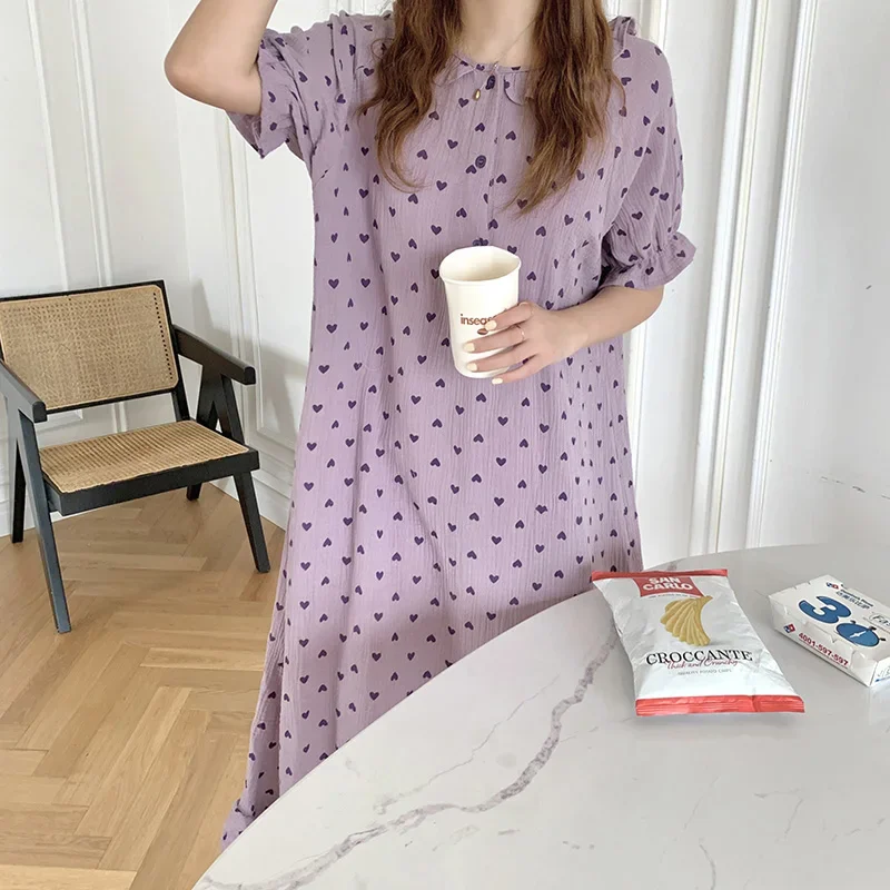 Heart Print Summer Nightgown Women O-Neck Ruffles Short Sleeve Cotton Loose Sleepwear Sweet Vintage Kawaii Homewear Purple 2022