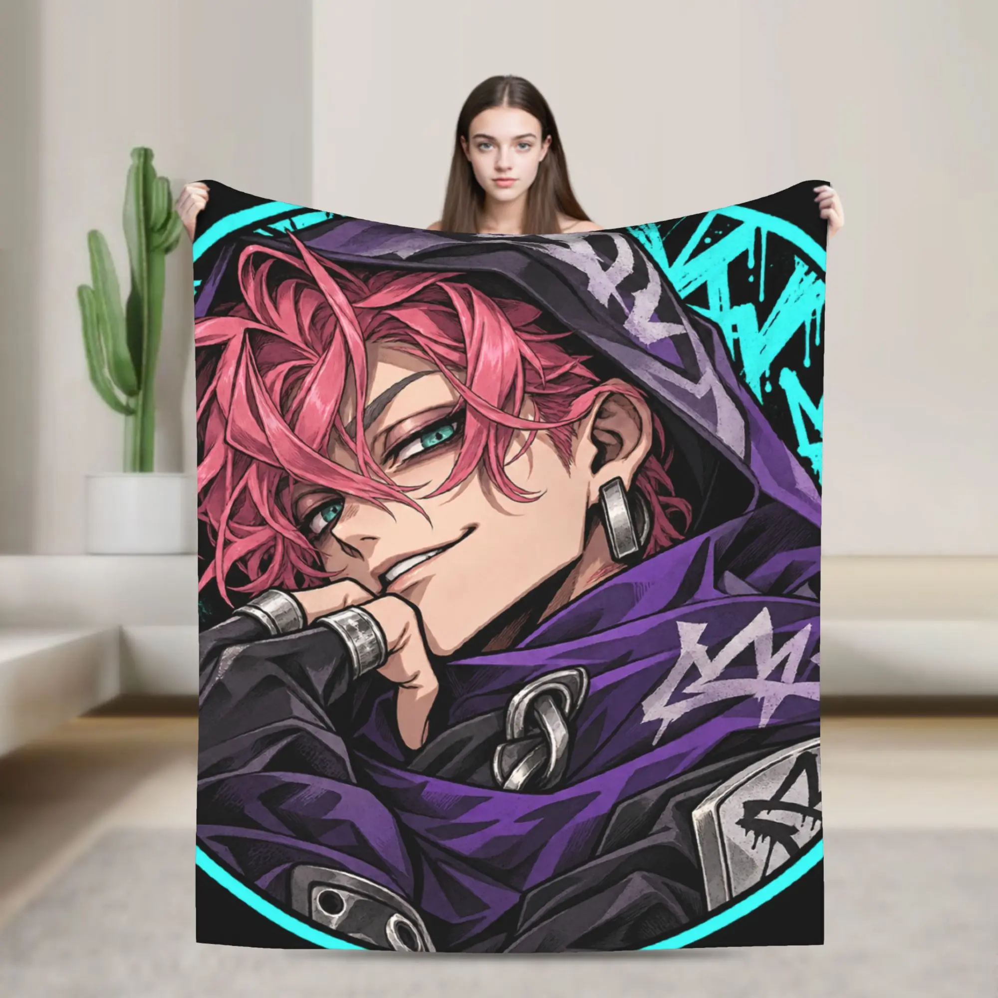 GACHIAKUTA Pink Haired Man Cyan Anime Plush Blankets Students  Flannel Throw Blanket For Couch Bed Super Warm Bedspread Gift