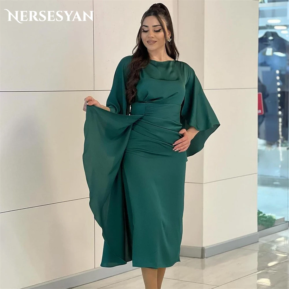 

Nersesyan Forest Green Formal Evening Dresses Side Train O-Neck Flare Sleeves Prom Dress Tea Length Solid Satin Party Gowns 2024