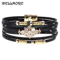 WELLMORE Leather Bracelets For Women 2023 Fashion Bracelets & Bangles Elegant Multilayer Wide Wrap Bracelet Female Jewelry Gift