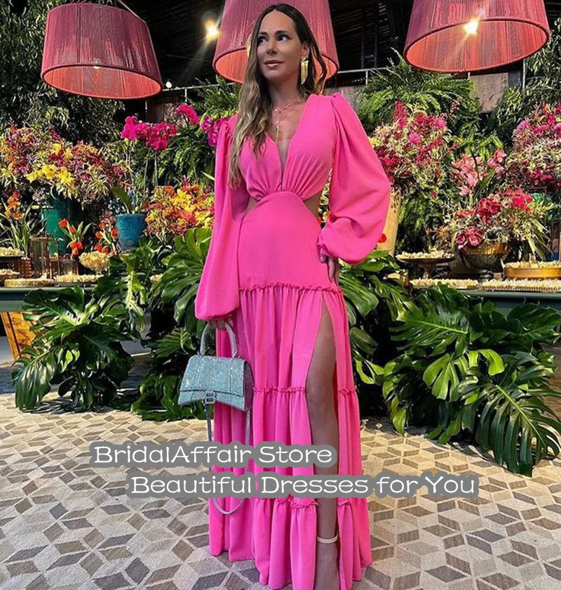 BridalAffair-vestido De noche De gasa con mangas abullonadas, traje De noche De gasa con cuello en V fruncido, vestido De fiesta De playa, color fucsia, Abiti Da Cerimonia, 2022