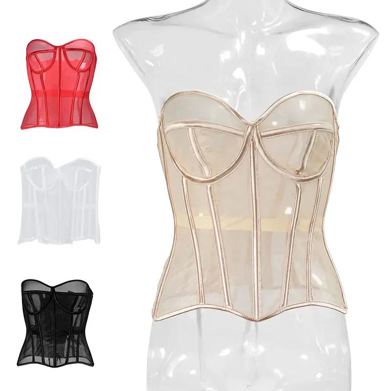 

Transparent Lace Netting Female Waist Trainer Sexy Mesh Corset Goth Vintage Slim Body Belts Streetwear See Through Corselet