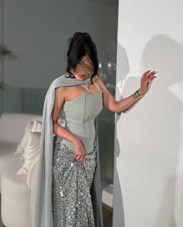 Индивидуальные блестящие платья для выпускного вечера с пайетками и шалью Милое вечернее платье трапециевидной формы с шарфом Длинное корсетное платье для женщин