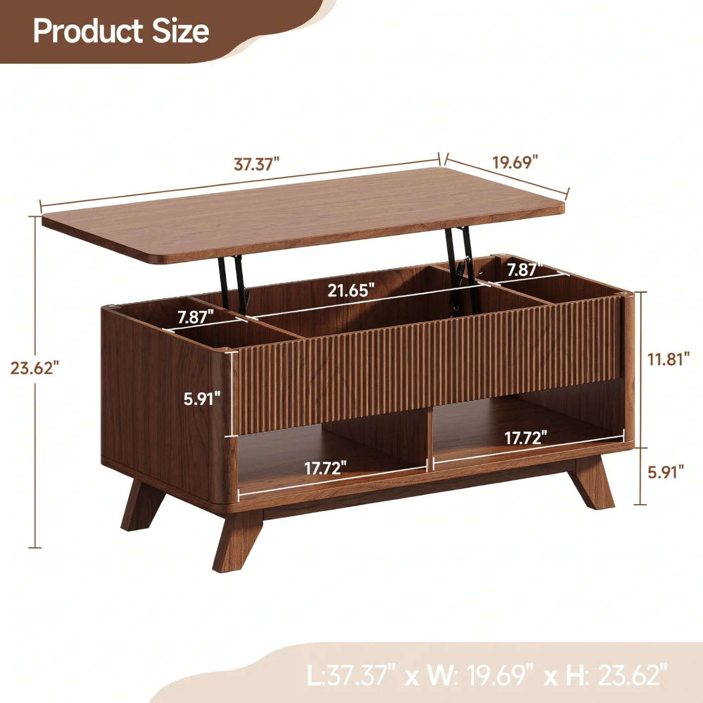 ONBRILL 1-Piece Farmhouse Mid-Century Modern MDF Coffee Table, Wavy Fluted Lift-Top Coffee Table with Hydraulic Lift Mechanism, Hidden Storage Compartment, Rounded Corners, 23.6-Inch Raised Height for Living Room
