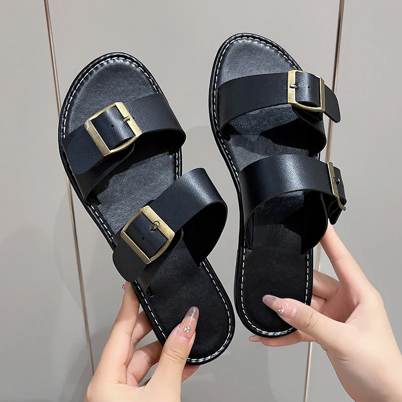 

Womens New Summer Trend Buckle Flat Casual Shoes Home Slippers Luxury Daily Shallow Slip-ons Party Women's Sandals Large Size 43