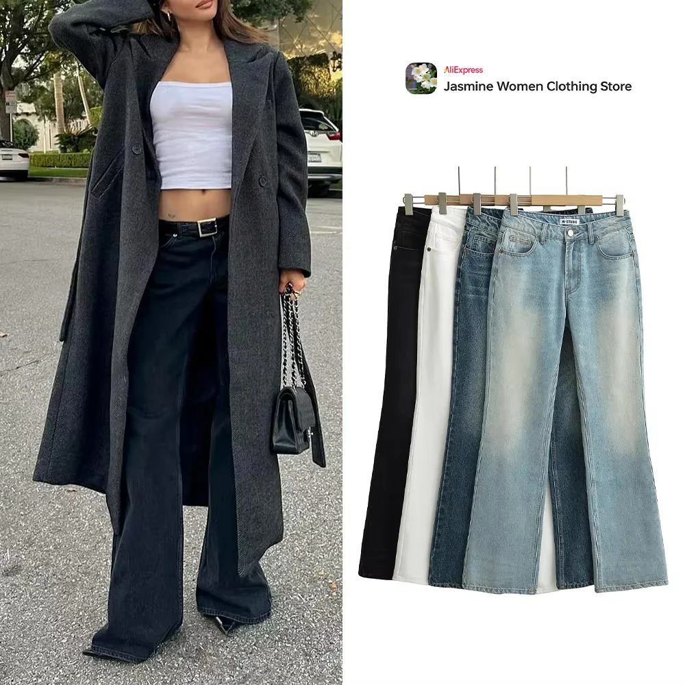 4 Colors Lady Mid Waist Losses Bootcut Jeans Casual Full Length Wide Leg Denim Pants Classical Five Pockets Bleached Women Jeans