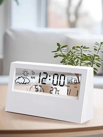 LCD Desktop Despertador Calendário Transparente Tempo e Display Digital de Temperatura e Umidade Eletrodoméstico Vida Inteligente